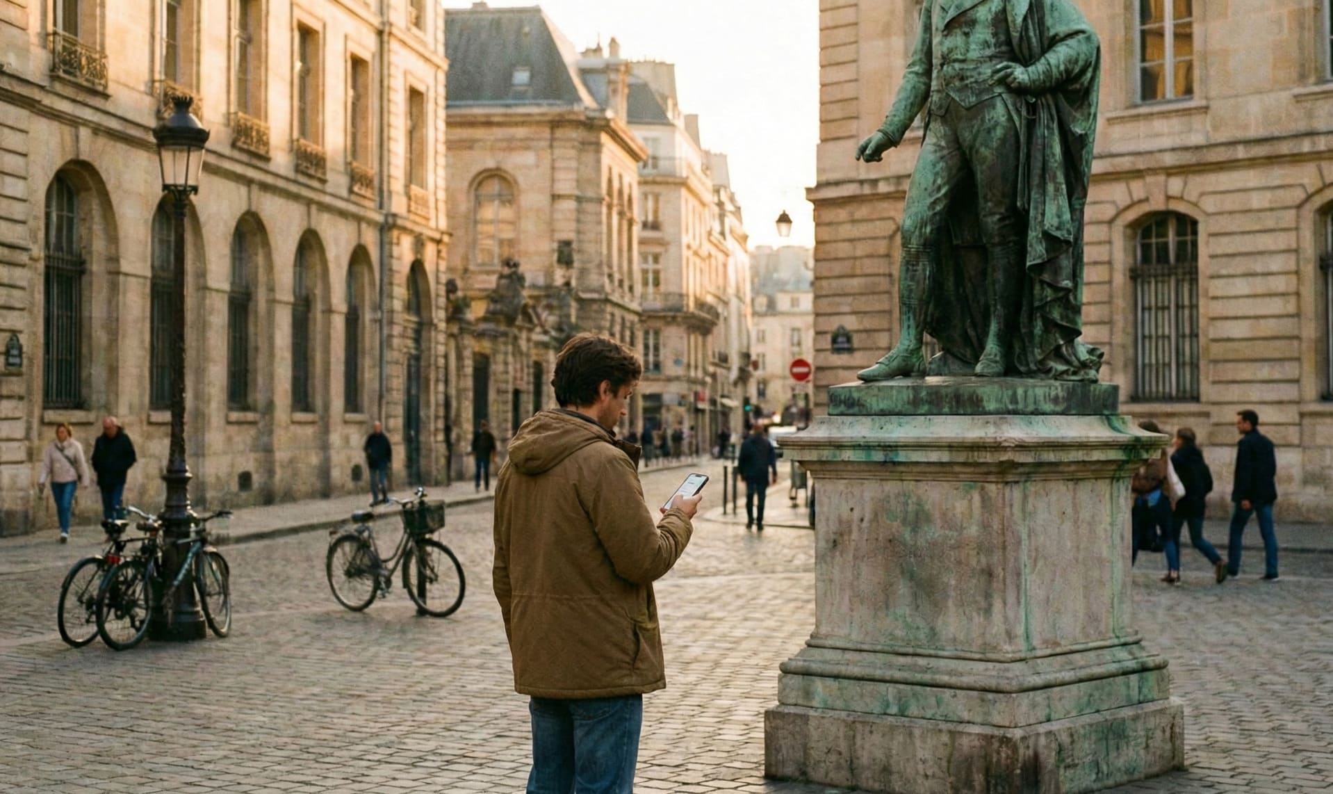 Man scanning a bronze statue with his smartphone on a cobblestone city square at golden hour