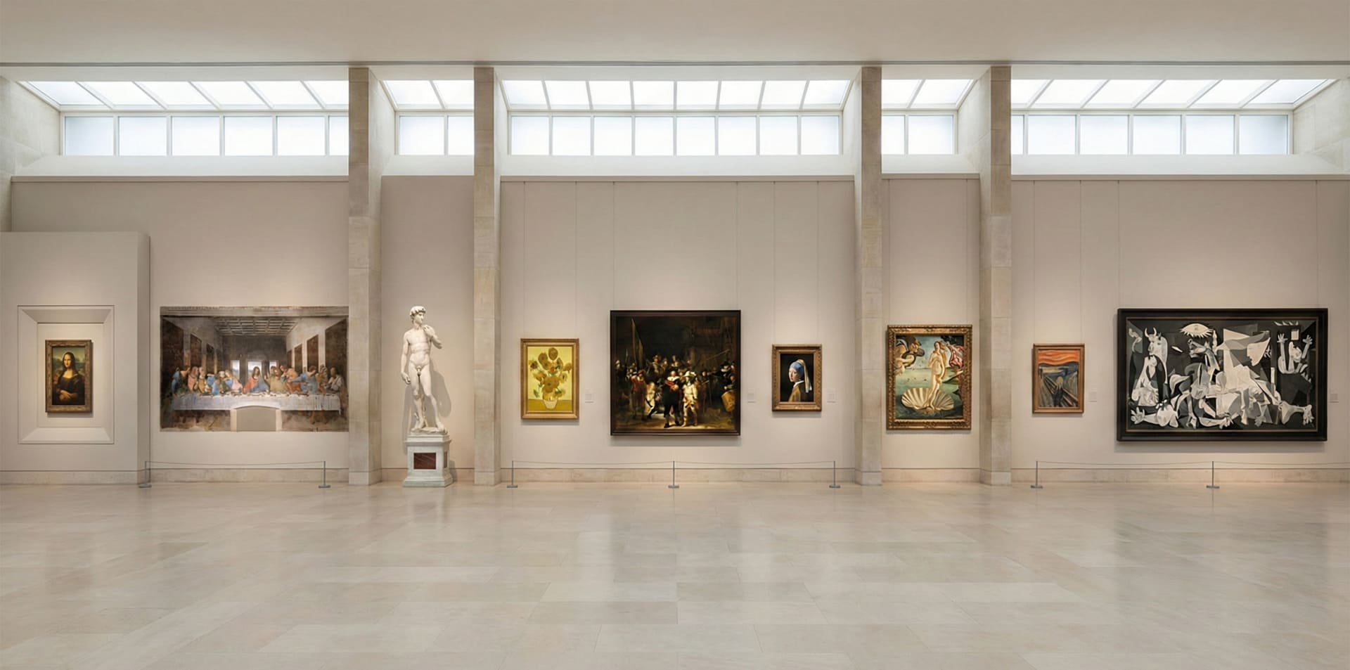Grand museum gallery featuring masterpieces including Mona Lisa, The Last Supper, David, and more