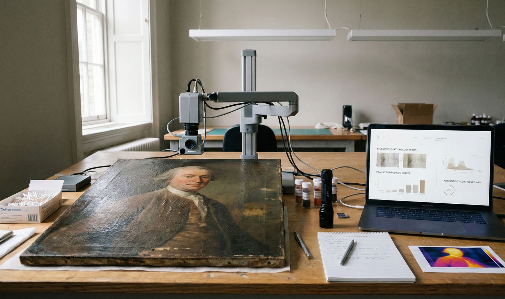 Art authentication laboratory with a portrait painting under a digital microscope, alongside brushstroke analysis software and pigment composition charts