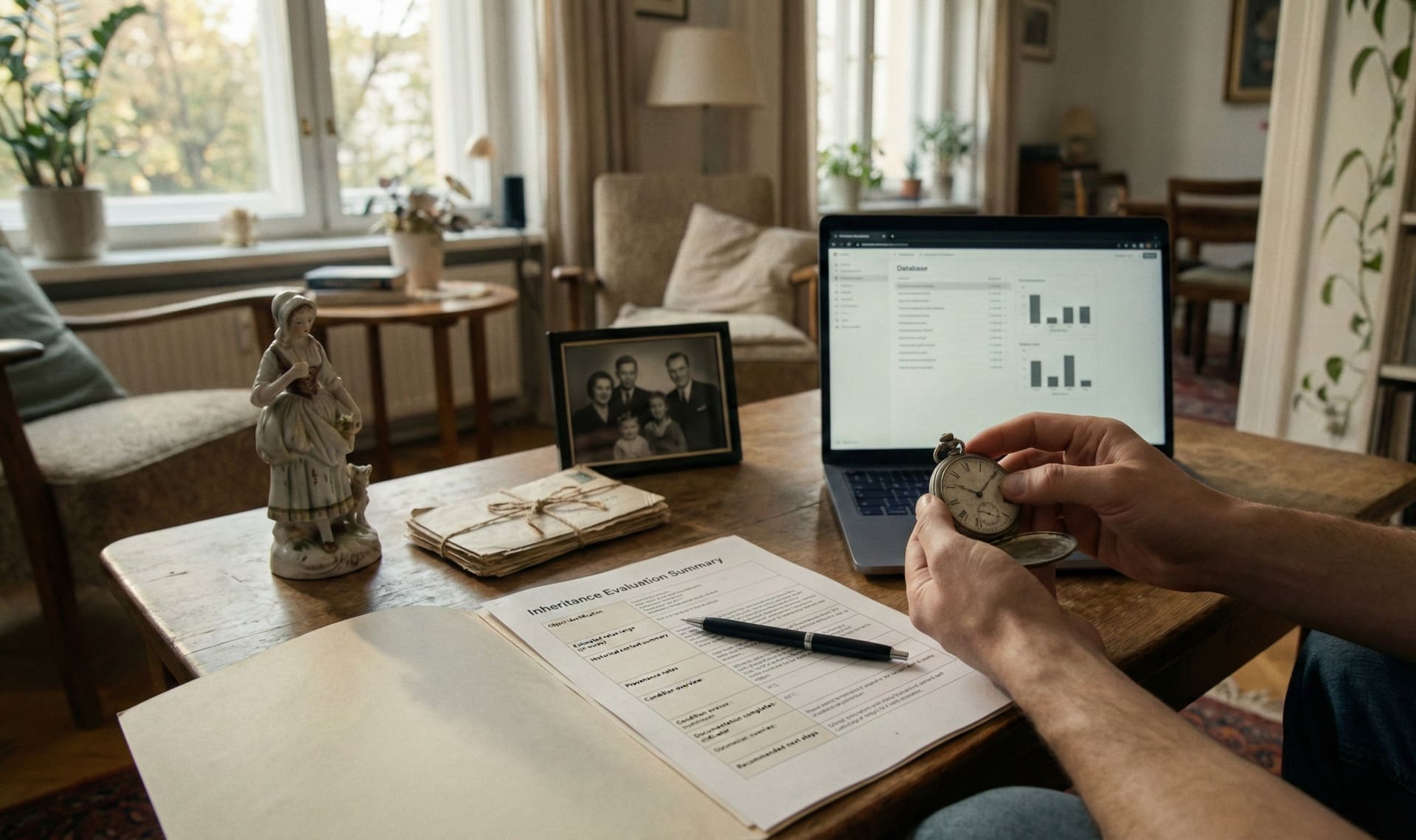 Person examining an antique pocket watch at a wooden table with an inheritance evaluation summary, vintage porcelain figurine, old family photograph, and laptop showing appraisal data
