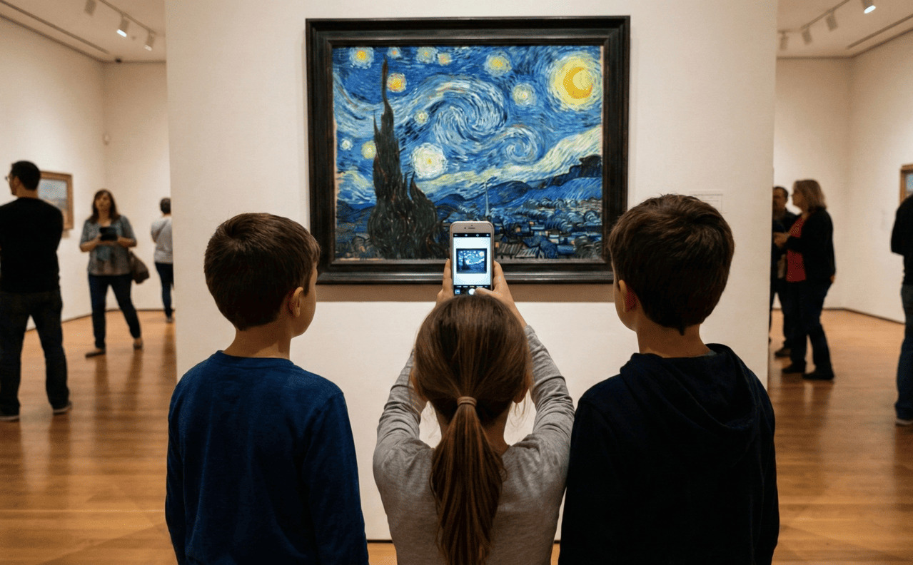 Children scanning Van Gogh's Starry Night in a museum with Curiosa