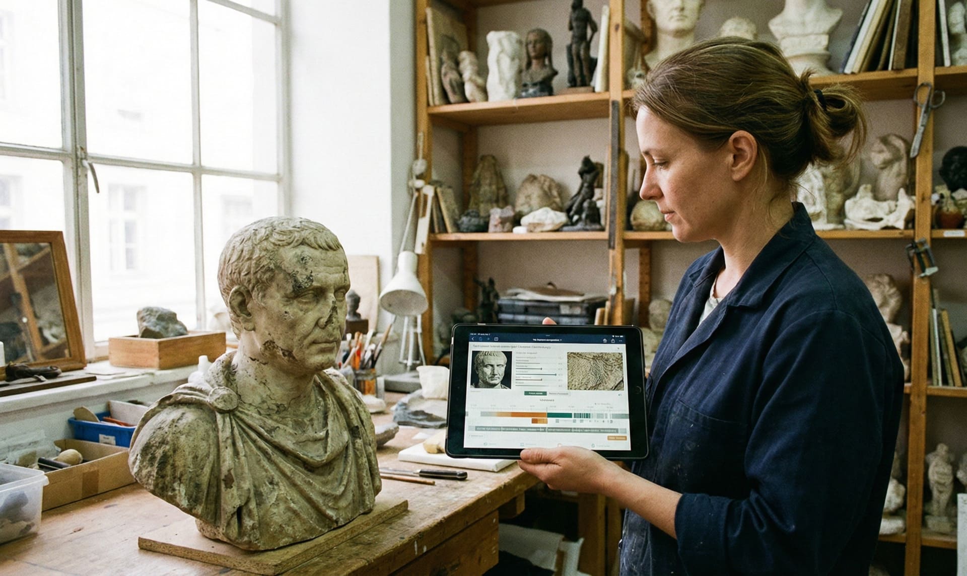 Conservator analyzing a Roman bust with a tablet showing period plausibility data in a sculpture studio