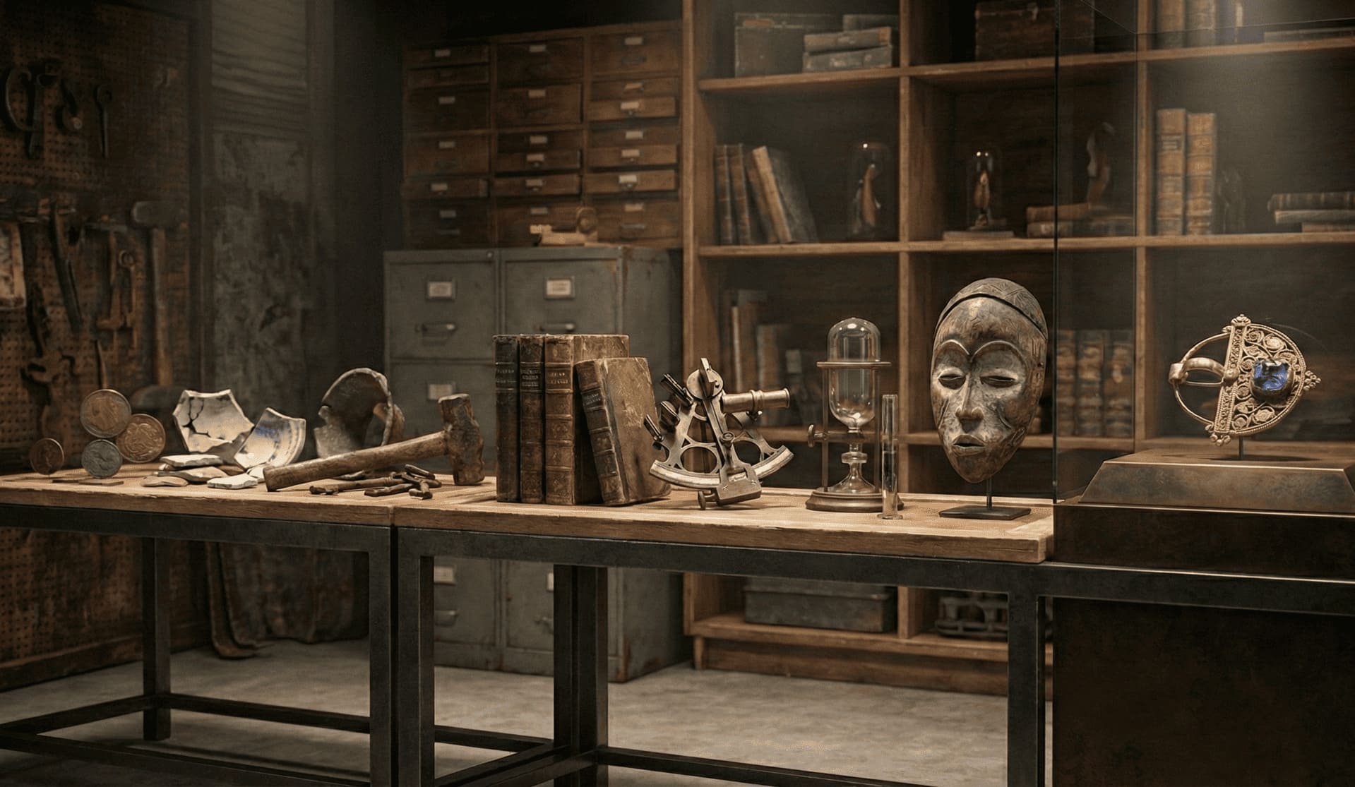Collector's study with antique coins, leather books, sextant, hourglass, African mask, and Celtic brooch